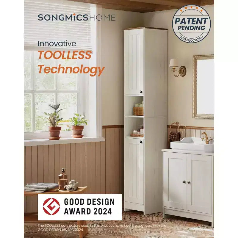 Storage Cabinet, Superfast Toolless Assembly, Slim Tall Standing Cabinet with Adjustable Shelves, Open Compartments, Rustic White