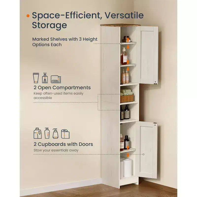 Storage Cabinet, Superfast Toolless Assembly, Slim Tall Standing Cabinet with Adjustable Shelves, Open Compartments, Rustic White