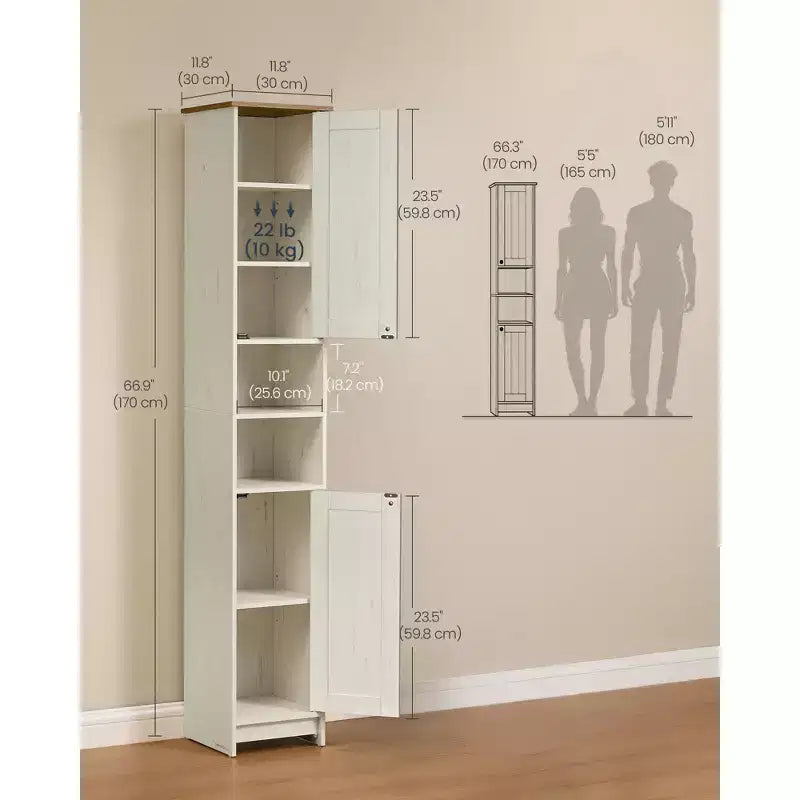 Storage Cabinet, Superfast Toolless Assembly, Slim Tall Standing Cabinet with Adjustable Shelves, Open Compartments, Rustic White