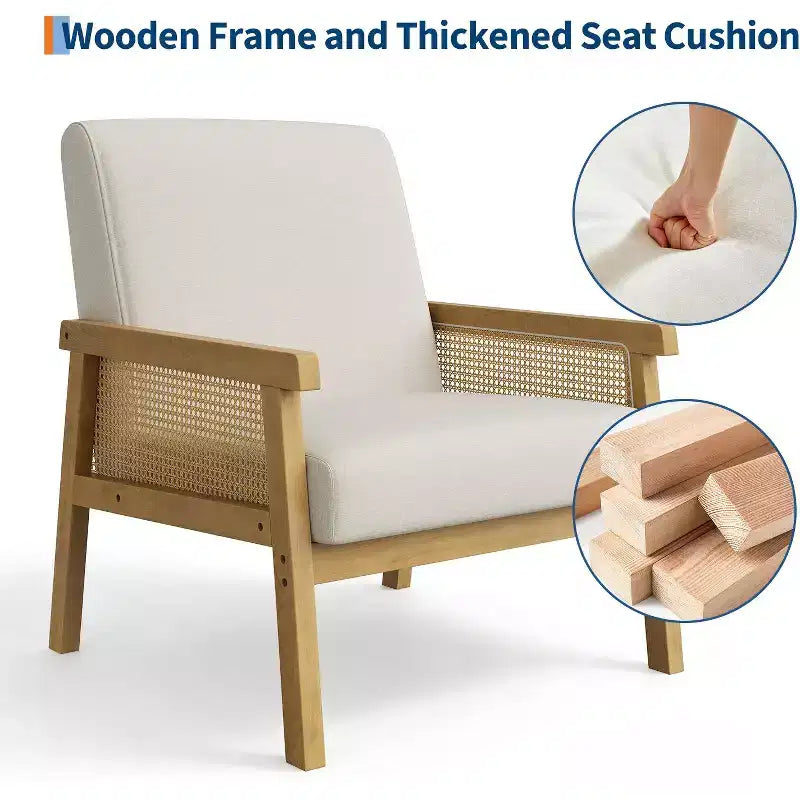 Rattan Accent Chair - Boucle Armchair, Upholstered Reading Chair with Wooden Frame, High Back, Leisure Chair for Living Room Bedroom