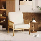 Rattan Accent Chair - Boucle Armchair, Upholstered Reading Chair with Wooden Frame, High Back, Leisure Chair for Living Room Bedroom