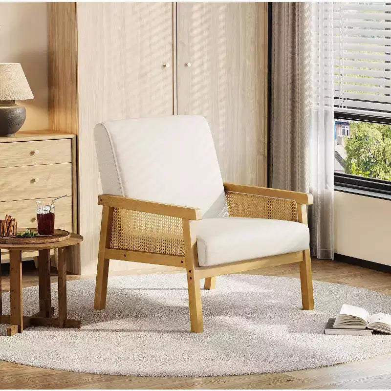 Rattan Accent Chair - Boucle Armchair, Upholstered Reading Chair with Wooden Frame, High Back, Leisure Chair for Living Room Bedroom