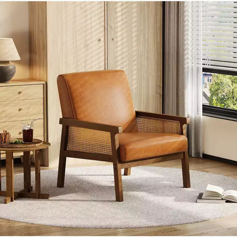 Rattan Accent Chair - Boucle Armchair, Upholstered Reading Chair with Wooden Frame, High Back, Leisure Chair for Living Room Bedroom