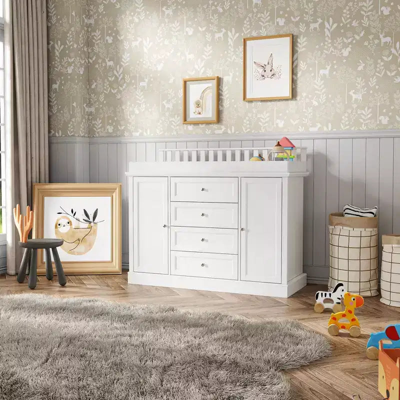 White Changing Table Dresser Spacious Nursery Organizer with Drawers & Cabinets for Diapers, Clothes & Toys