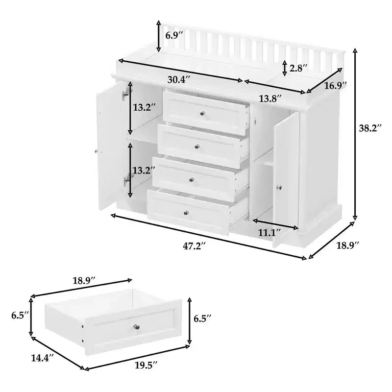 White Changing Table Dresser Spacious Nursery Organizer with Drawers & Cabinets for Diapers, Clothes & Toys
