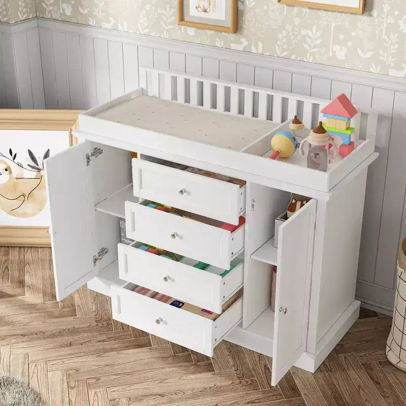 White Changing Table Dresser Spacious Nursery Organizer with Drawers & Cabinets for Diapers, Clothes & Toys