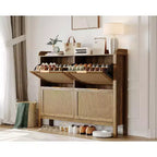 47 Rattan Shoe Cabinet 4 Flip Drawers Boho Farmhouse Narrow Organizer for Entryway