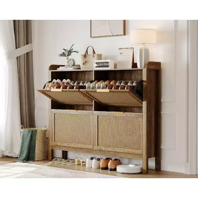 47 Rattan Shoe Cabinet 4 Flip Drawers Boho Farmhouse Narrow Organizer for Entryway