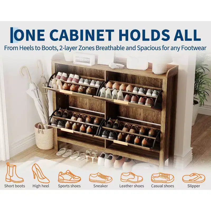 47 Rattan Shoe Cabinet 4 Flip Drawers Boho Farmhouse Narrow Organizer for Entryway