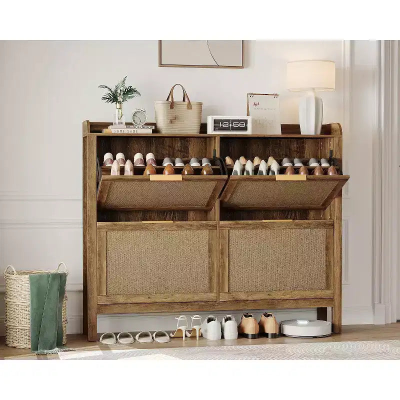 47 Rattan Shoe Cabinet 4 Flip Drawers Boho Farmhouse Narrow Organizer for Entryway