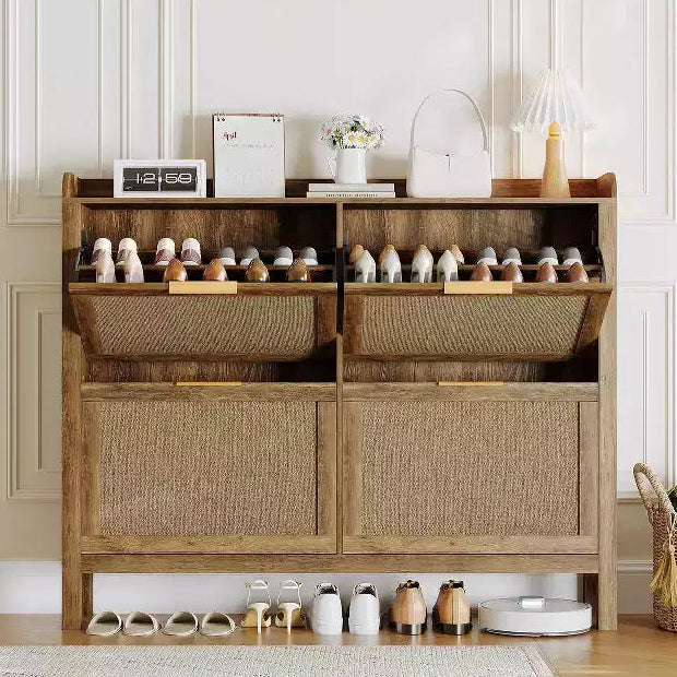 47 Rattan Shoe Cabinet 4 Flip Drawers Boho Farmhouse Narrow Organizer for Entryway