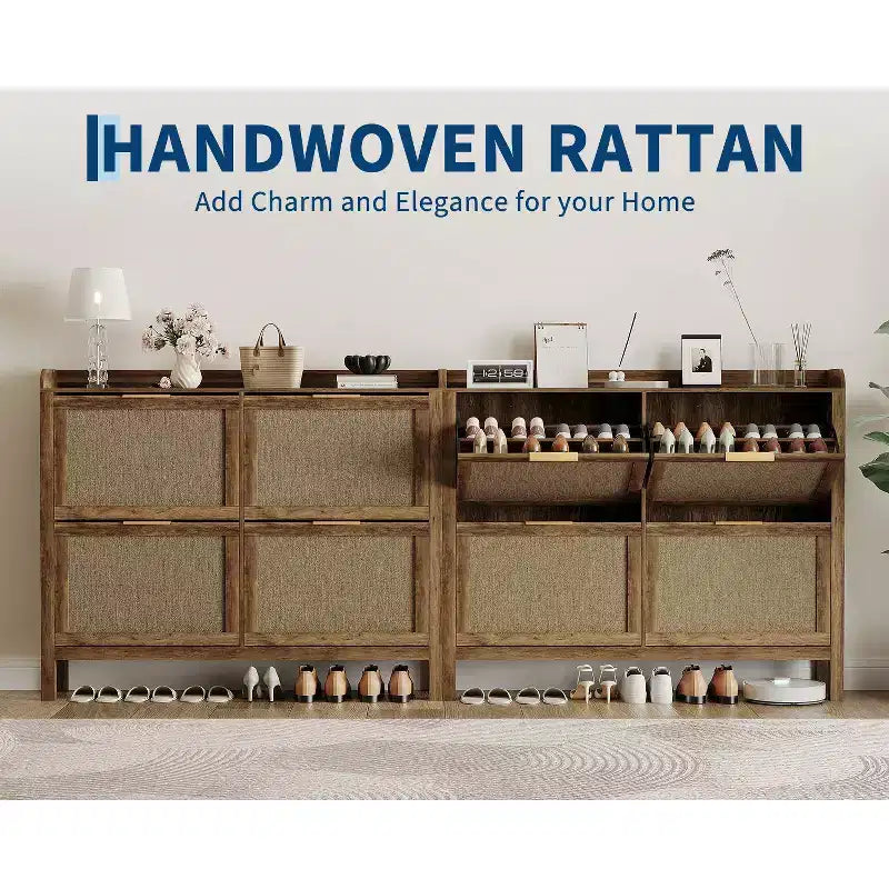 47 Rattan Shoe Cabinet 4 Flip Drawers Boho Farmhouse Narrow Organizer for Entryway