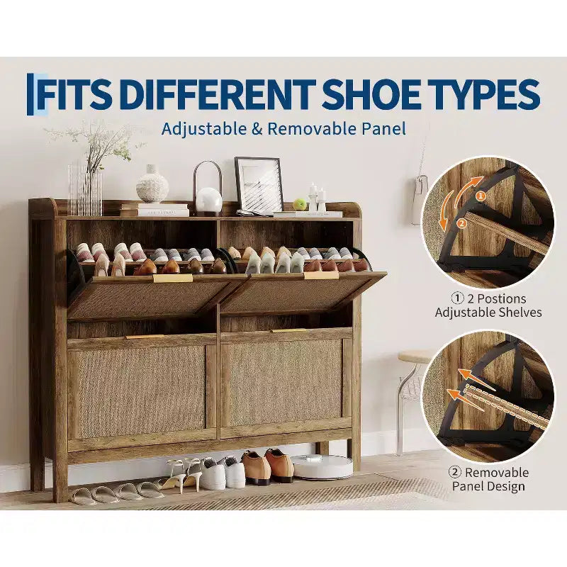 47 Rattan Shoe Cabinet 4 Flip Drawers Boho Farmhouse Narrow Organizer for Entryway