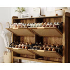 47 Rattan Shoe Cabinet 4 Flip Drawers Boho Farmhouse Narrow Organizer for Entryway