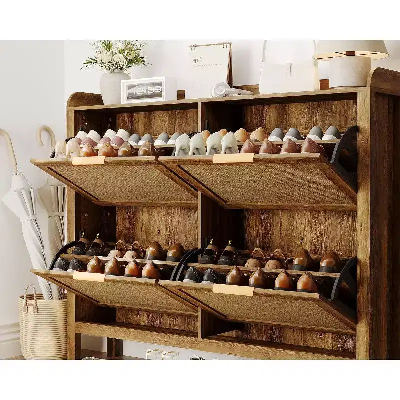 47 Rattan Shoe Cabinet 4 Flip Drawers Boho Farmhouse Narrow Organizer for Entryway