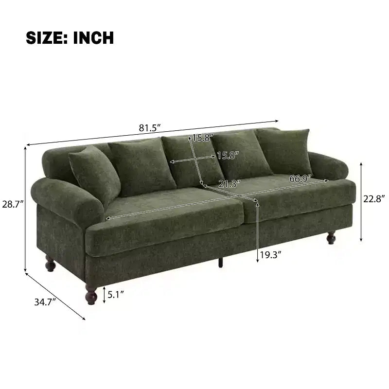 Modern 81.5 3-Seater Wooden Chenille Upholstered Sofa with Throw Pillows