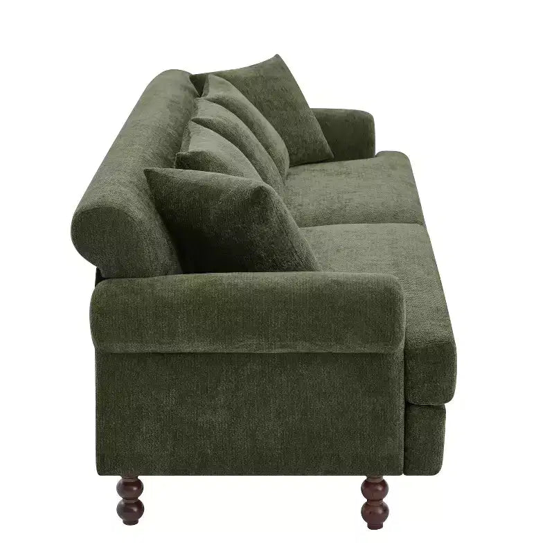 Modern 81.5 3-Seater Wooden Chenille Upholstered Sofa with Throw Pillows