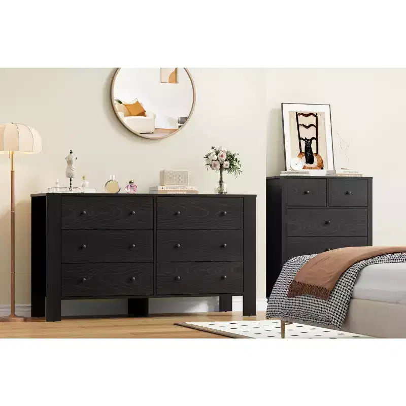 6 Drawer Dresser for Bedroom, Modern Double Dresser Organizer with Storage Drawers, Wooden Chests of Drawers for Bedroom, Entryway, Hallway, Office