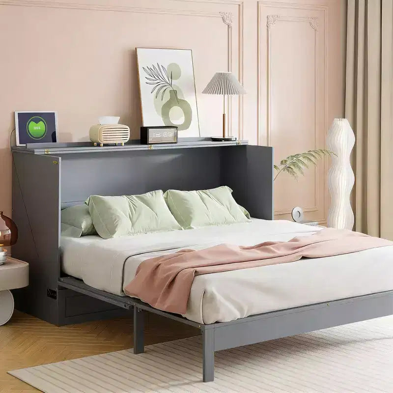 Modern Queen Rattan Murphy Bed with Large Drawer for Living Room and Guest Room