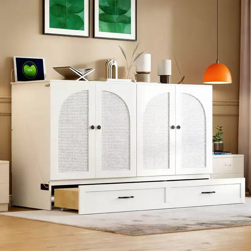 Modern Queen Rattan Murphy Bed with Large Drawer for Living Room and Guest Room