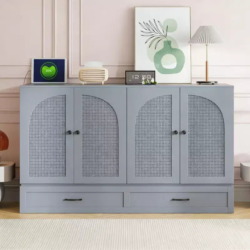 Modern Queen Rattan Murphy Bed with Large Drawer for Living Room and Guest Room