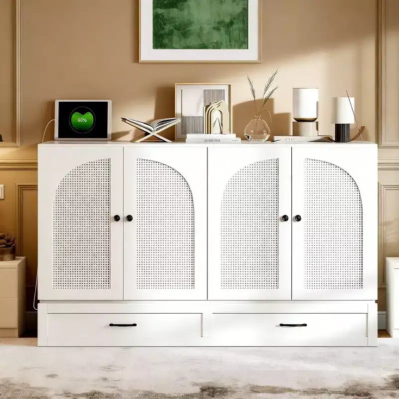 Modern Queen Rattan Murphy Bed with Large Drawer for Living Room and Guest Room