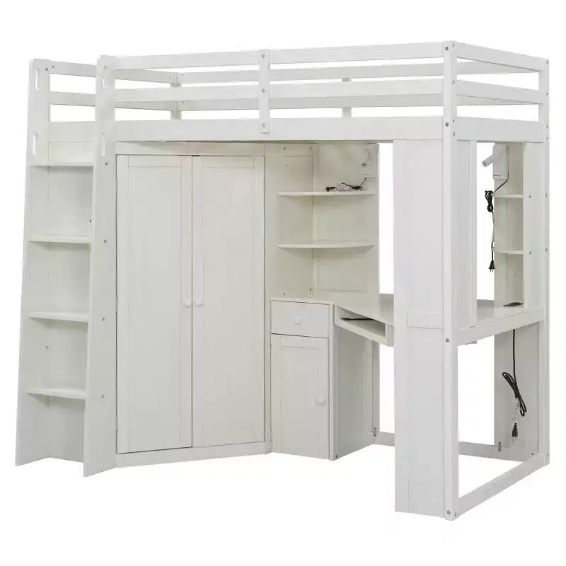 Twin Size All-in-One Loft Bed with Integrated Wardrobe, Desk, Shelves, Keyboard Tray and Spotlight