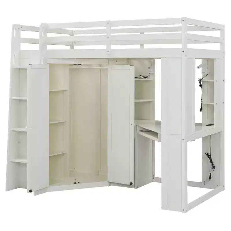 Twin Size All-in-One Loft Bed with Integrated Wardrobe, Desk, Shelves, Keyboard Tray and Spotlight