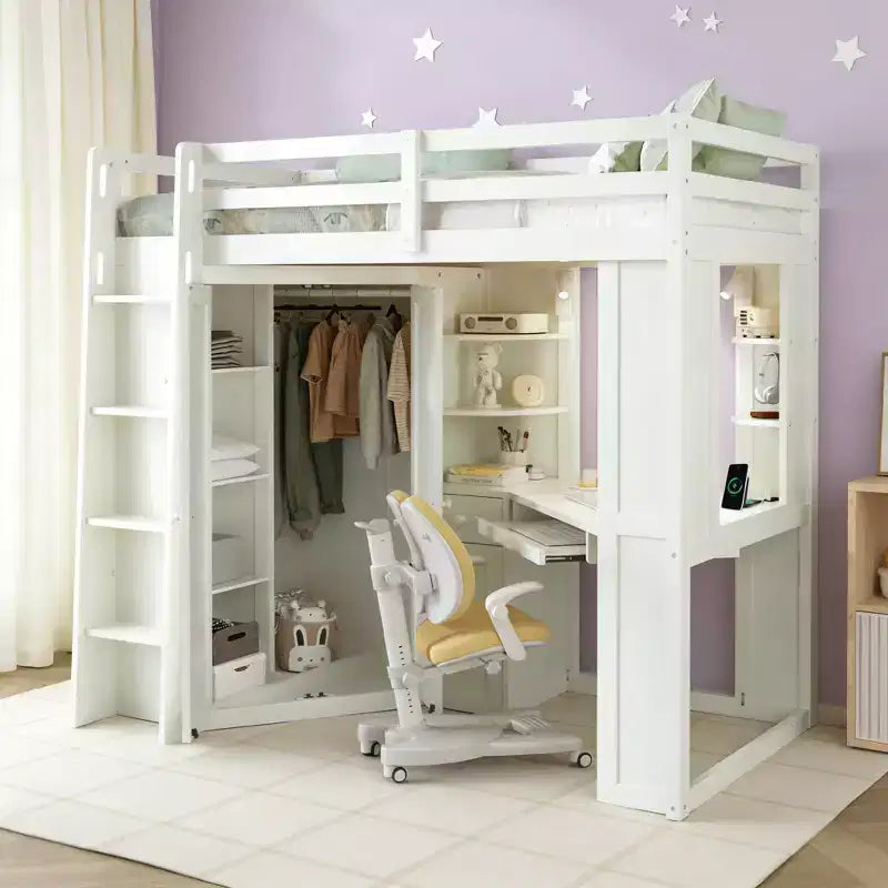 Twin Size All-in-One Loft Bed with Integrated Wardrobe, Desk, Shelves, Keyboard Tray and Spotlight