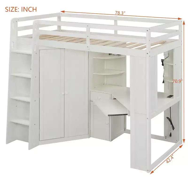 Twin Size All-in-One Loft Bed with Integrated Wardrobe, Desk, Shelves, Keyboard Tray and Spotlight