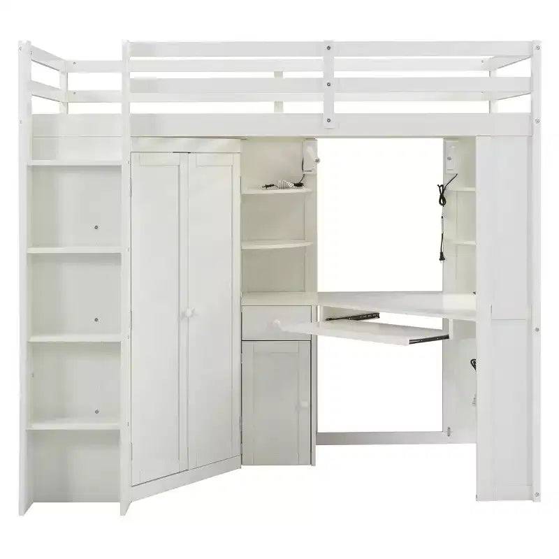 Twin Size All-in-One Loft Bed with Integrated Wardrobe, Desk, Shelves, Keyboard Tray and Spotlight