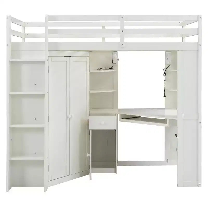 Twin Size All-in-One Loft Bed with Integrated Wardrobe, Desk, Shelves, Keyboard Tray and Spotlight