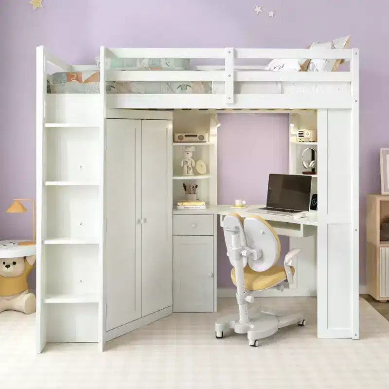 Twin Size All-in-One Loft Bed with Integrated Wardrobe, Desk, Shelves, Keyboard Tray and Spotlight