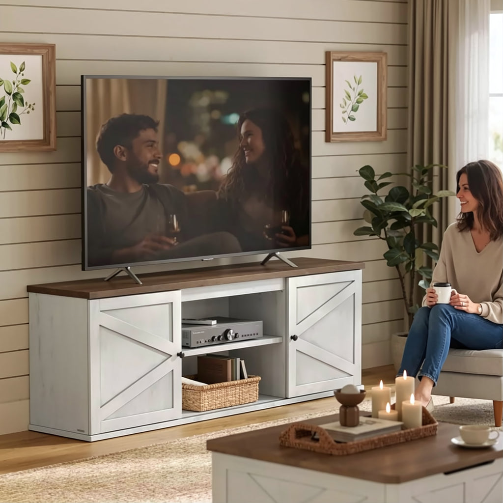 Farmhouse TV Stand for TVs up to 80 Inches, Entertainment Center with Storage Cabinets, Media Console Table, Rustic White and Honey Brown
