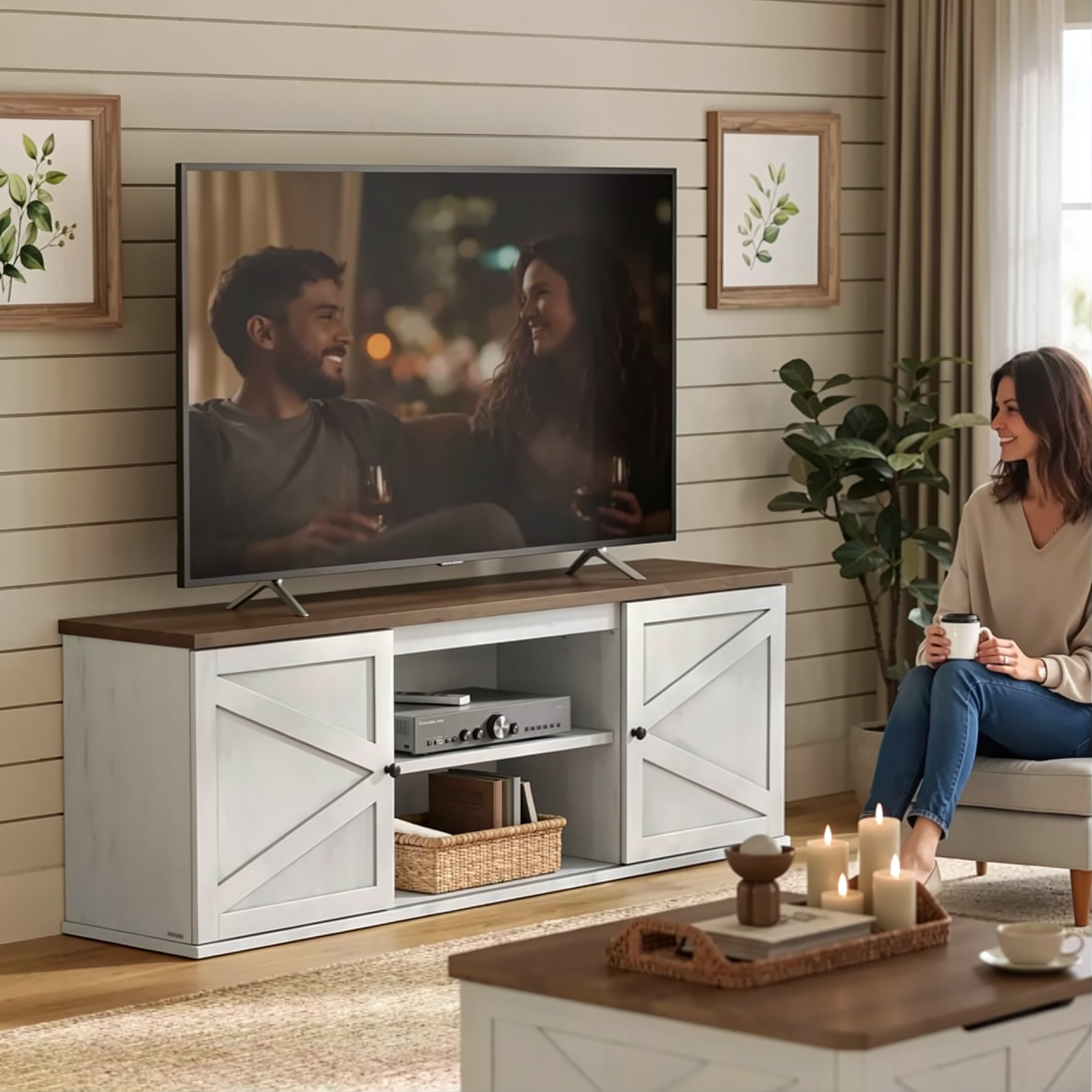 Farmhouse TV Stand for TVs up to 80 Inches, Entertainment Center with Storage Cabinets, Media Console Table, Rustic White and Honey Brown
