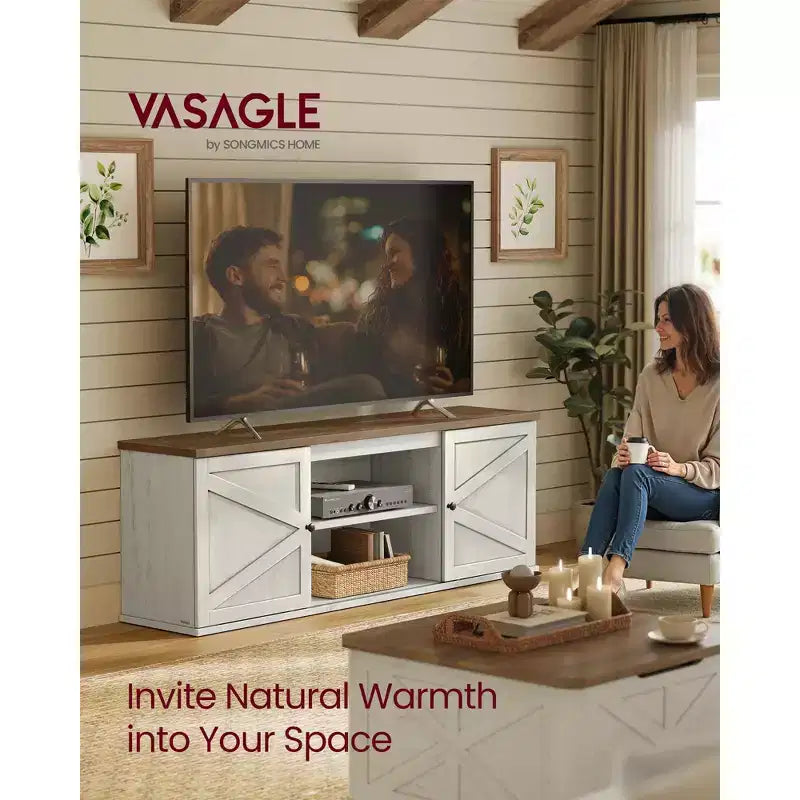Farmhouse TV Stand for TVs up to 80 Inches, Entertainment Center with Storage Cabinets, Media Console Table, Rustic White and Honey Brown