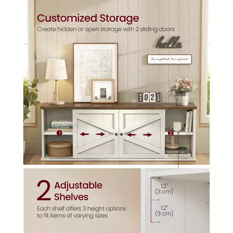 Farmhouse TV Stand for TVs up to 80 Inches, Entertainment Center with Storage Cabinets, Media Console Table, Rustic White and Honey Brown