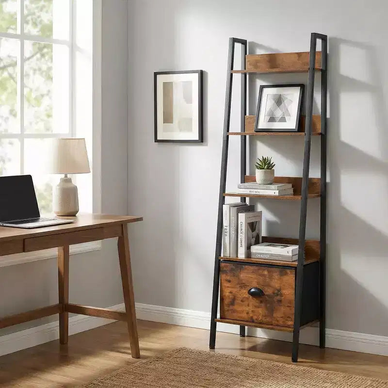 5 Tier Ladder Bookshelf with Drawer, Rustic Brown