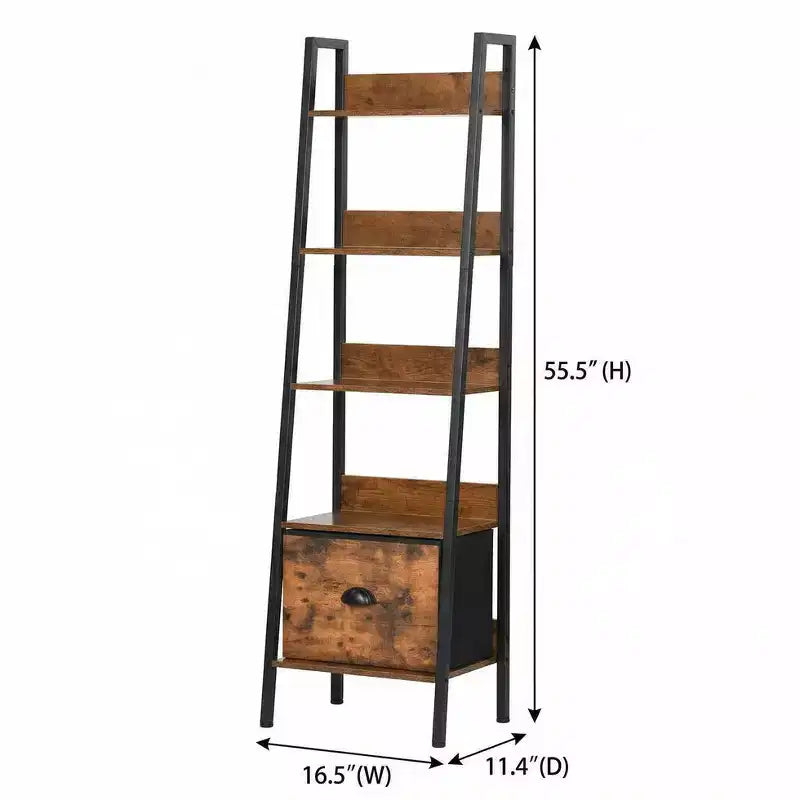 5 Tier Ladder Bookshelf with Drawer, Rustic Brown