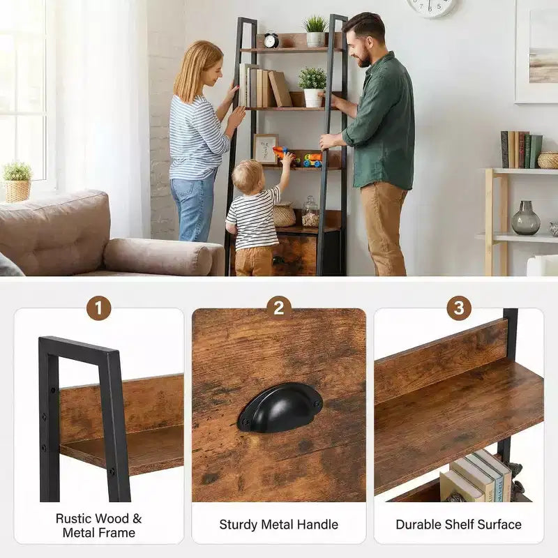 5 Tier Ladder Bookshelf with Drawer, Rustic Brown