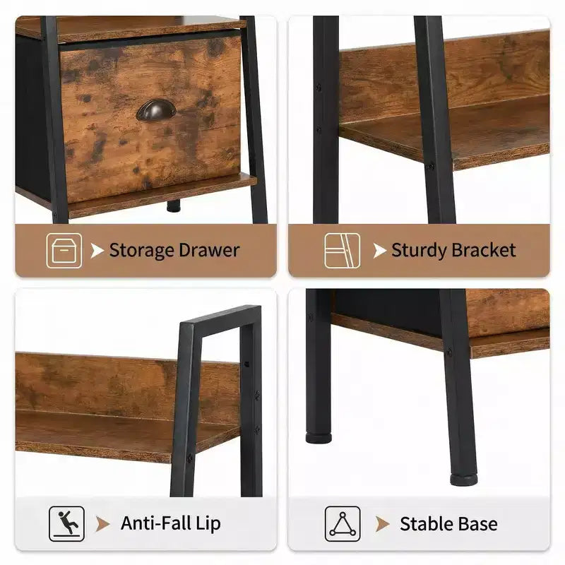 5 Tier Ladder Bookshelf with Drawer, Rustic Brown