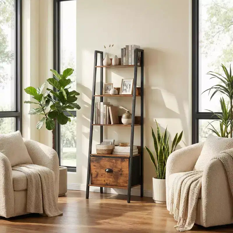 5 Tier Ladder Bookshelf with Drawer, Rustic Brown