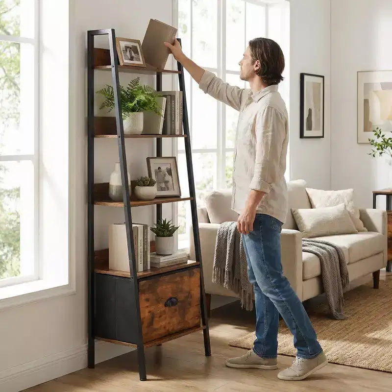 5 Tier Ladder Bookshelf with Drawer, Rustic Brown