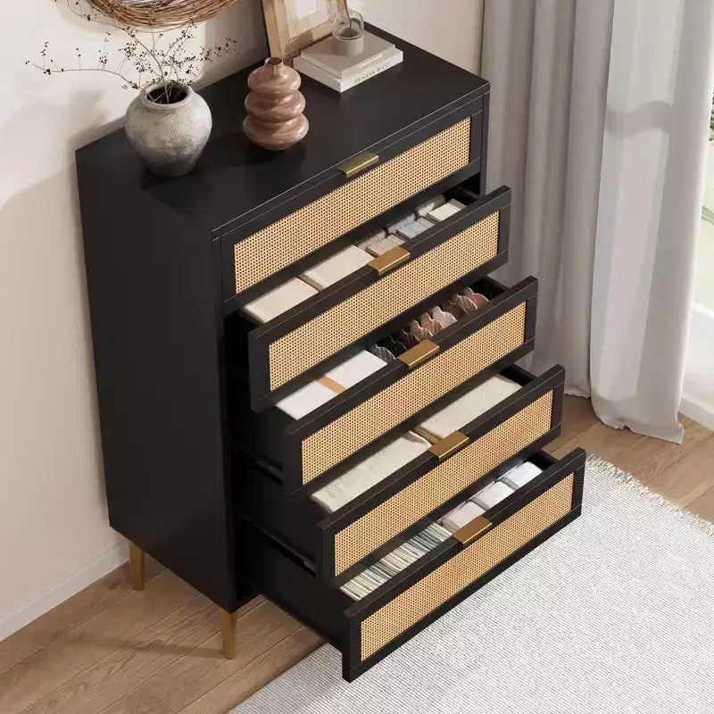 Rattan 5 Drawer Dresser with Gold Legs Tall Chest for Bedroom & Living Room