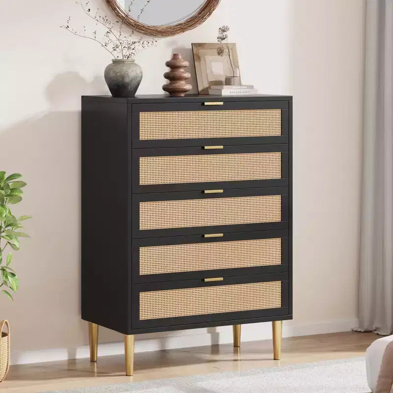 Rattan 5 Drawer Dresser with Gold Legs Tall Chest for Bedroom & Living Room