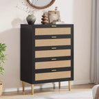 Rattan 5 Drawer Dresser with Gold Legs Tall Chest for Bedroom & Living Room