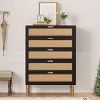 Rattan 5 Drawer Dresser with Gold Legs Tall Chest for Bedroom & Living Room