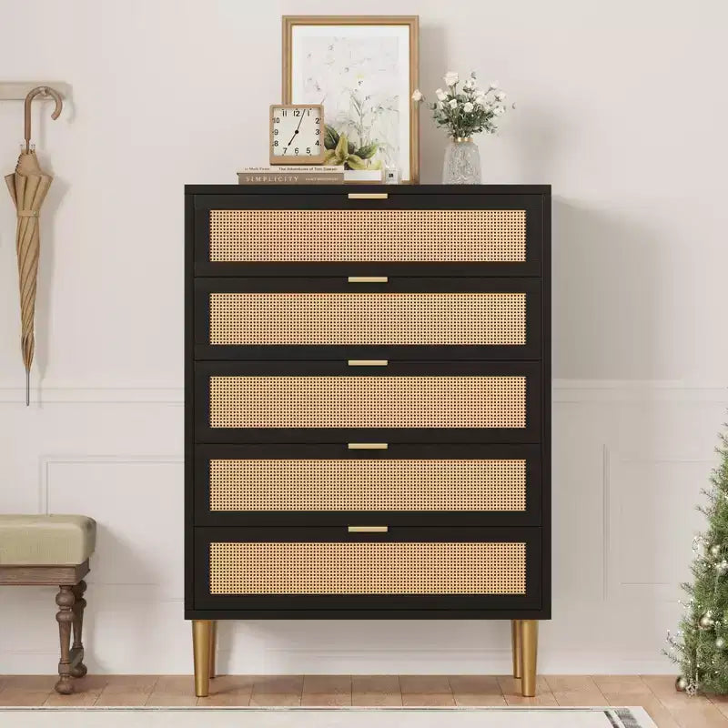 Rattan 5 Drawer Dresser with Gold Legs Tall Chest for Bedroom & Living Room