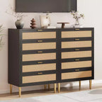 Rattan 5 Drawer Dresser with Gold Legs Tall Chest for Bedroom & Living Room