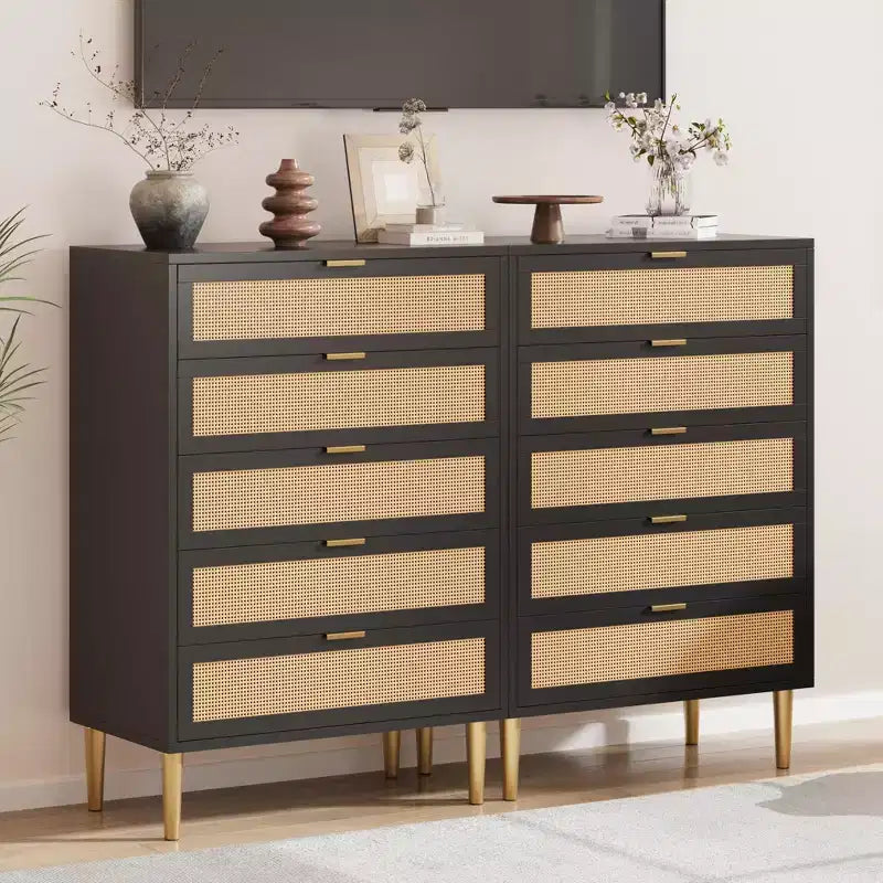 Rattan 5 Drawer Dresser with Gold Legs Tall Chest for Bedroom & Living Room